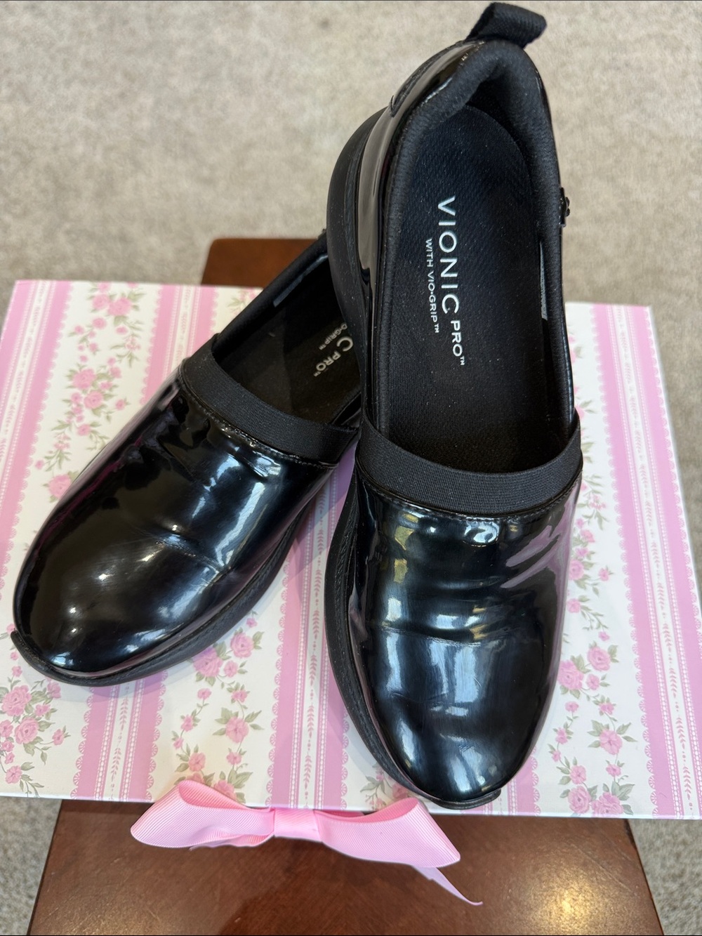 Vionic Black Patent Slip-On Loafers with Elastic Topline